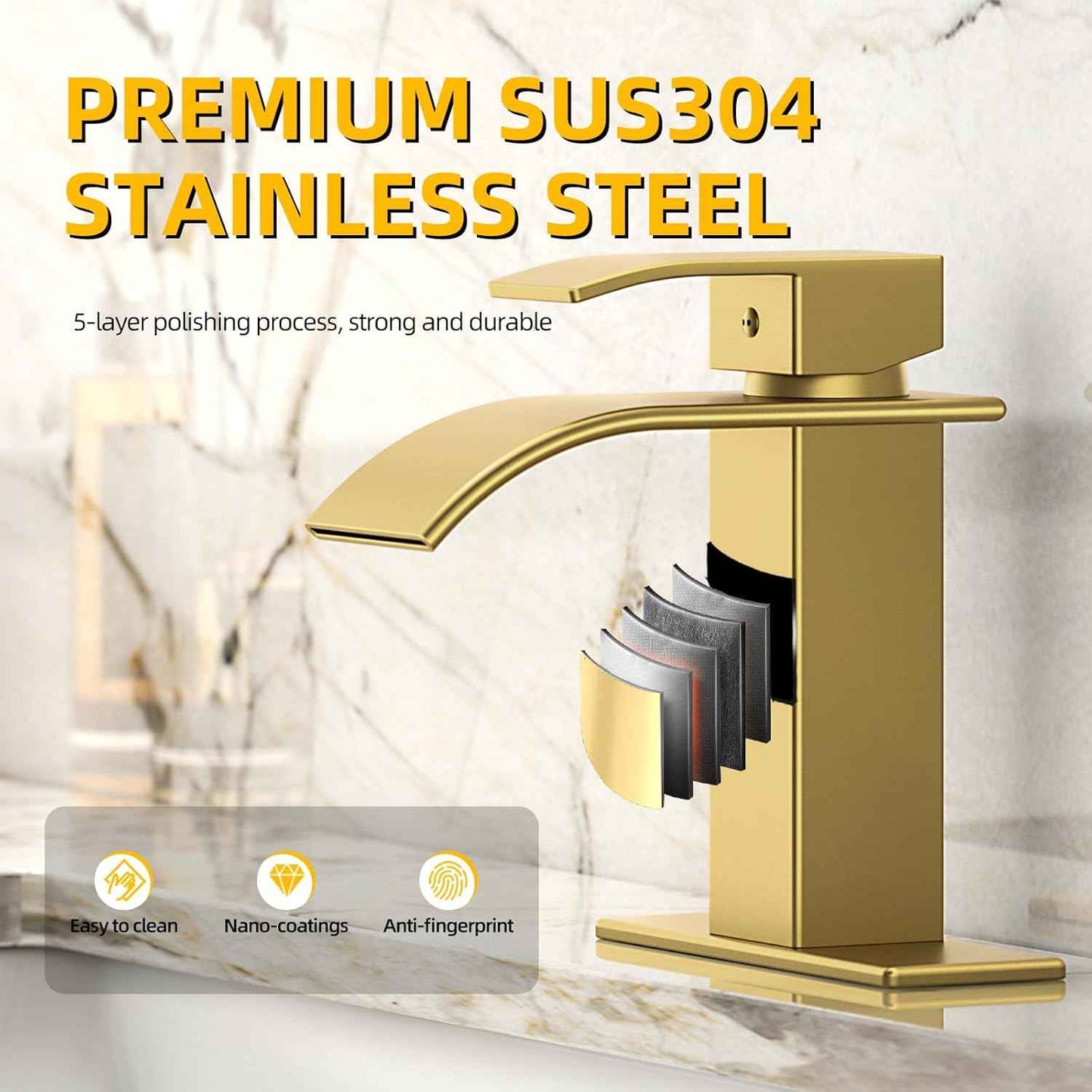 Modern Brushed Gold Bathroom Faucet with Waterfall Spout & Pop-Up Drain - Single Handle Vanity Sink Faucet