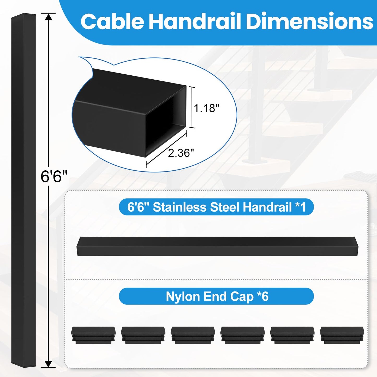 RailinGo 6'6'' Rectangular Cable Railing Handrail, Black Stainless Steel Handrail with Nylon End Caps for Stair Cable Railing System, Black Deck Cable Wire Railing Hardware Kits, RG01-H
