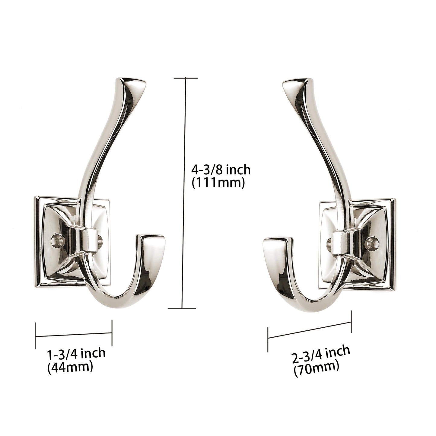 ZAUYX Large Wall Hooks 2 Pack - Polished Nickel Coat and Towel Hook Hardware - 4.35 Inch Double Robe Hook Wall Mounted With Screws for Hanging Coats, Keys, Towels, Bags, Cups, Hats