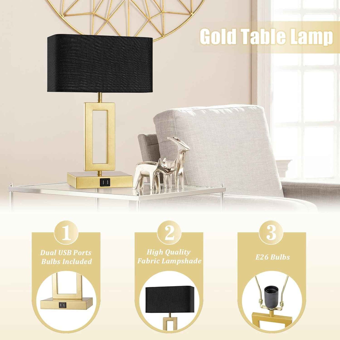 Gold Table Lamps Set of 2 - 3-Way Dimmable Touch Control with USB Ports, 22” Modern Design for Bedroom & Living Room