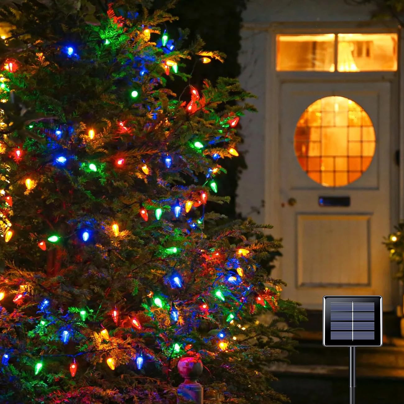 Anycosy Solar Christmas Lights, 29.5 FT 60 LEDs C7 Strings Lights 8 Modes with Auto On/Off Time for Xmas Tree Garland Garden Patio Indoor Outdoor Christmas Decorations WC-60