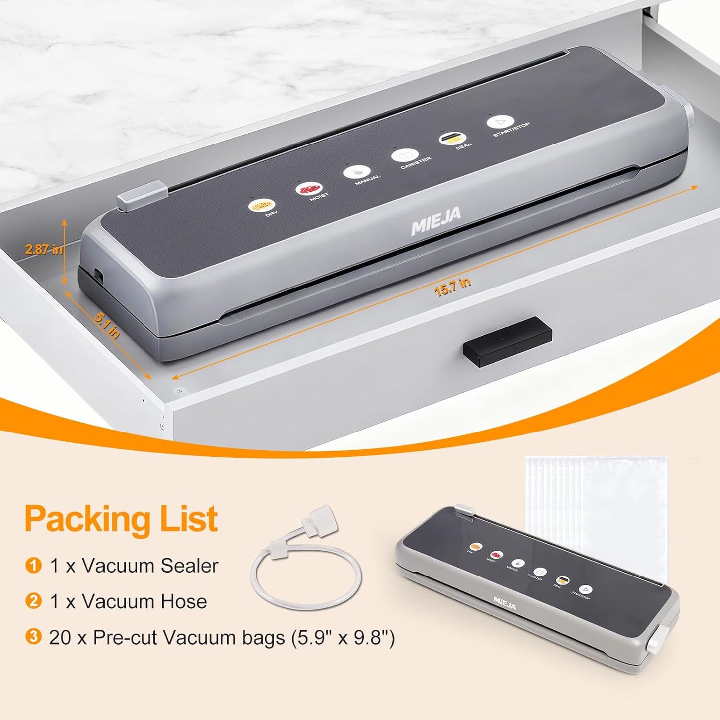Skiennix Food Vacuum Sealer Machine - 5-in-1 Automatic One-Touch Sealer with Built-In Cutter & 20 BPA-Free Bags
