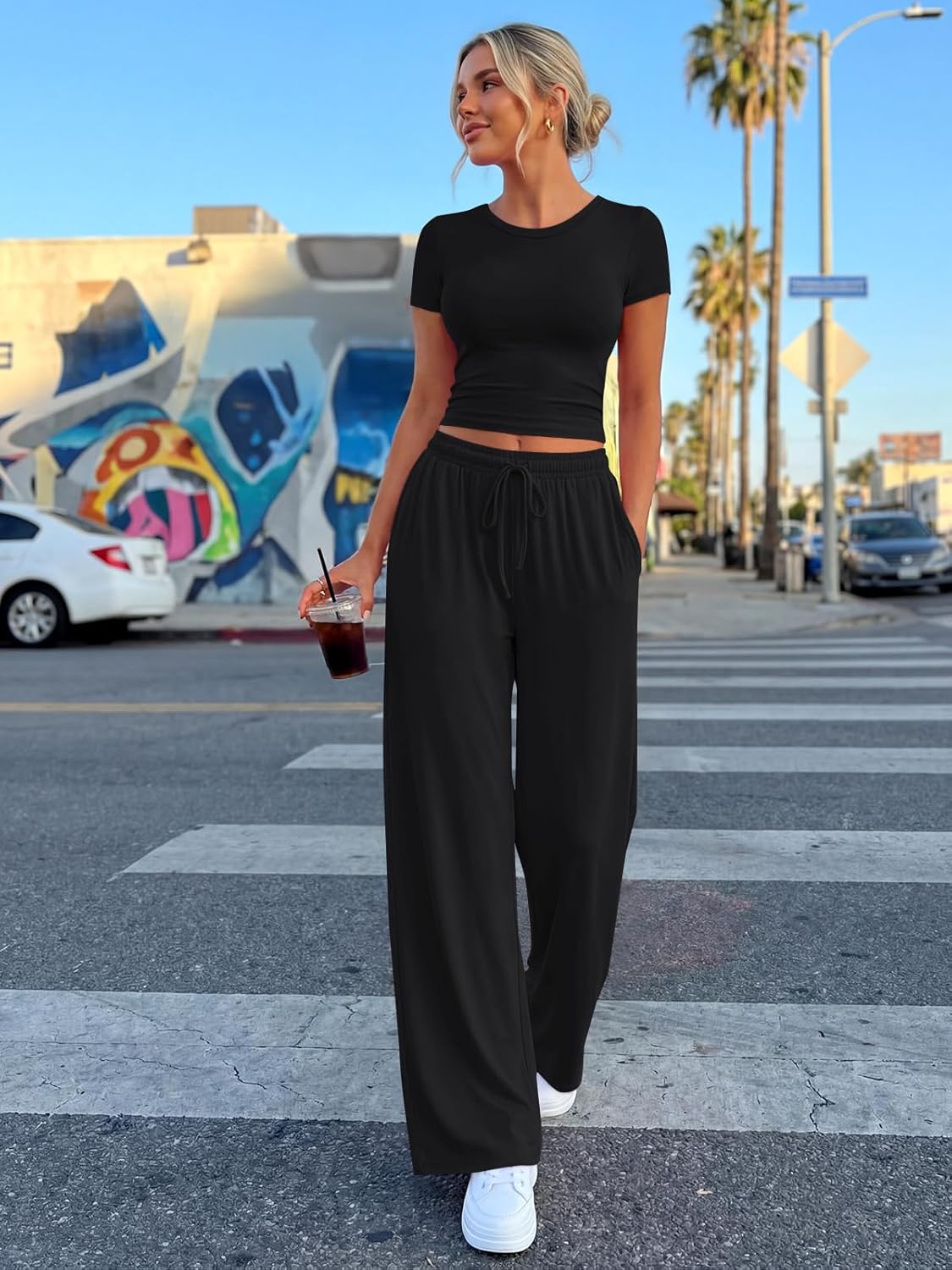 Trendy Queen 2 Piece Summer Sweatsuit Set - Women's Ruching Top & Wide Leg Pants with Pockets
