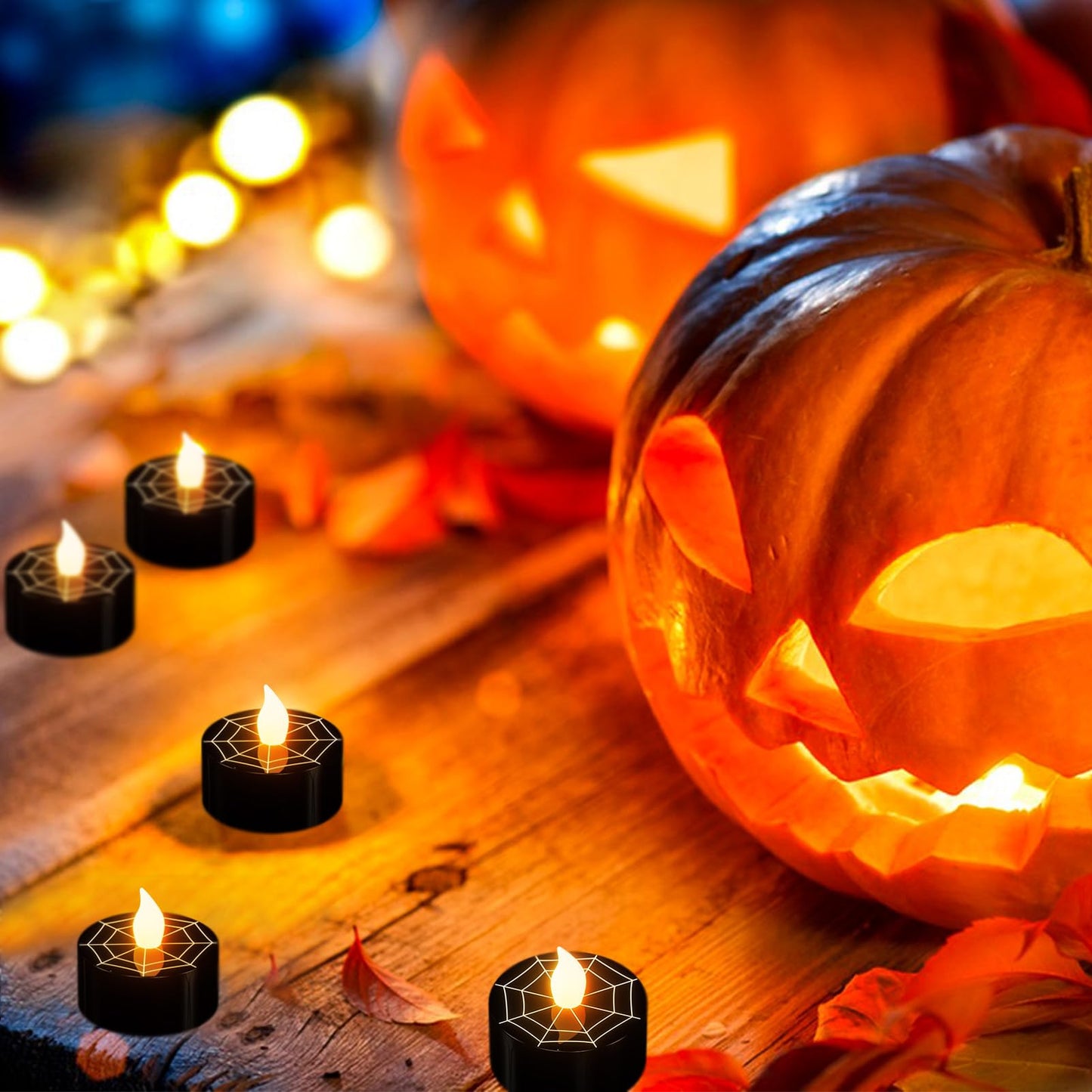 DRomance Halloween Flameless Votive Candles Battery Operated with 6H Timer, 12 Pack Black Spider Cobweb Decal LED Flickering Pumpkin Tea Lights Candles Fall Indoor Decoration(1.5" D x 1.4" H)