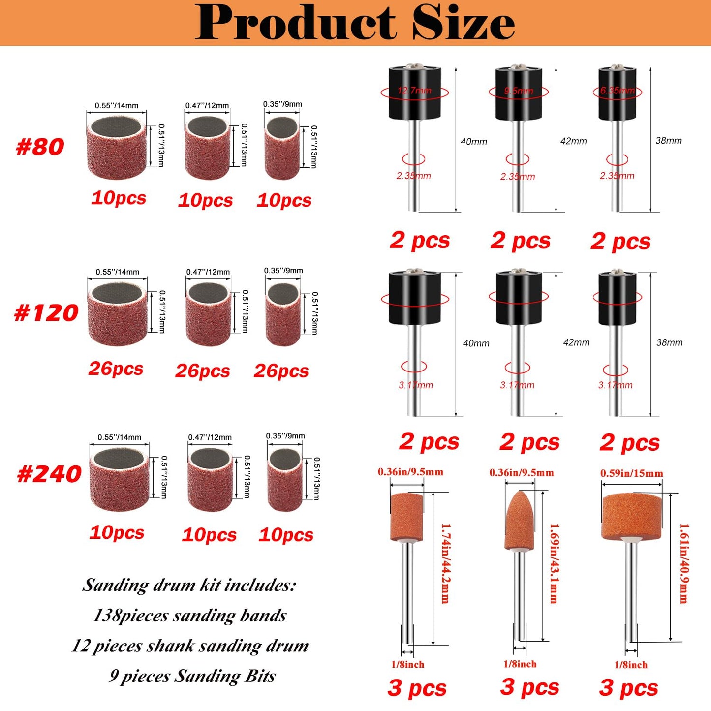 Sunxeke Sanding Drum Set for Dremel Rotary Tools-Includes 138 Aluminum Oxide Drum Sander Sanding Sleeves (80,120,240 Grit),12 Drum Mandrels and 9 Sanding Bits,Sanding Bits Tool Accessories with Box