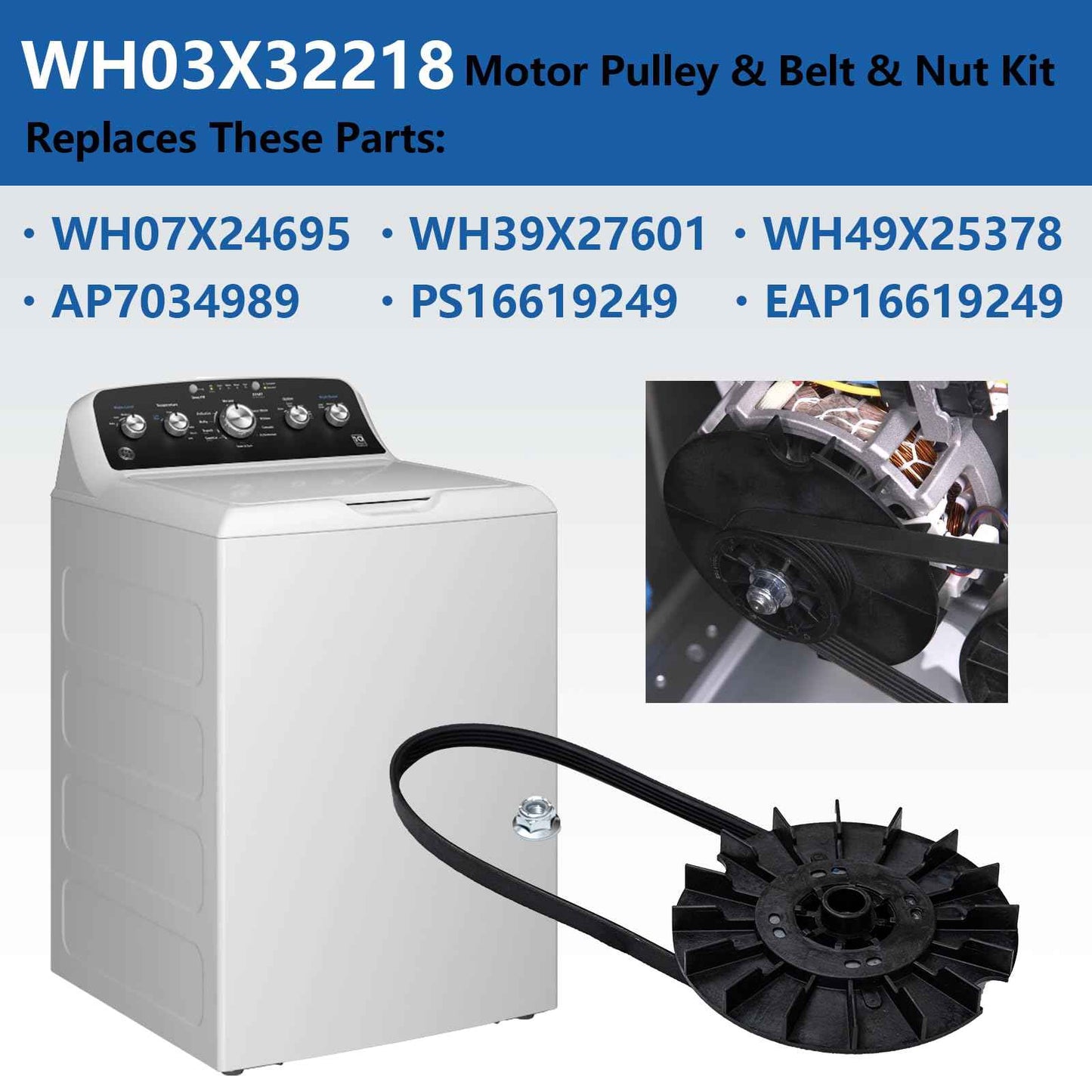 OEM WH03X32218 Washer Motor Pulley & Belt & Nut Set Compatible with GE Hotpoint, Replacement Part WH07X24695 WH39X27601 WH49X25378 AP7034989 PS16619249 EAP16619249