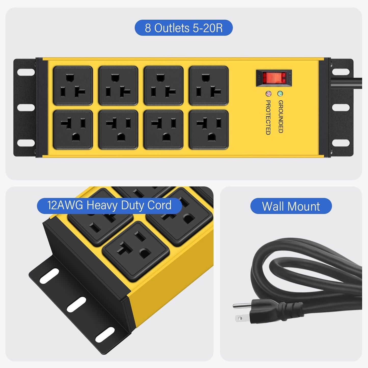 Heavy Duty 20 Amp Surge Protector Power Strip with 8 Outlets, 6FT Wall Mount - Yellow