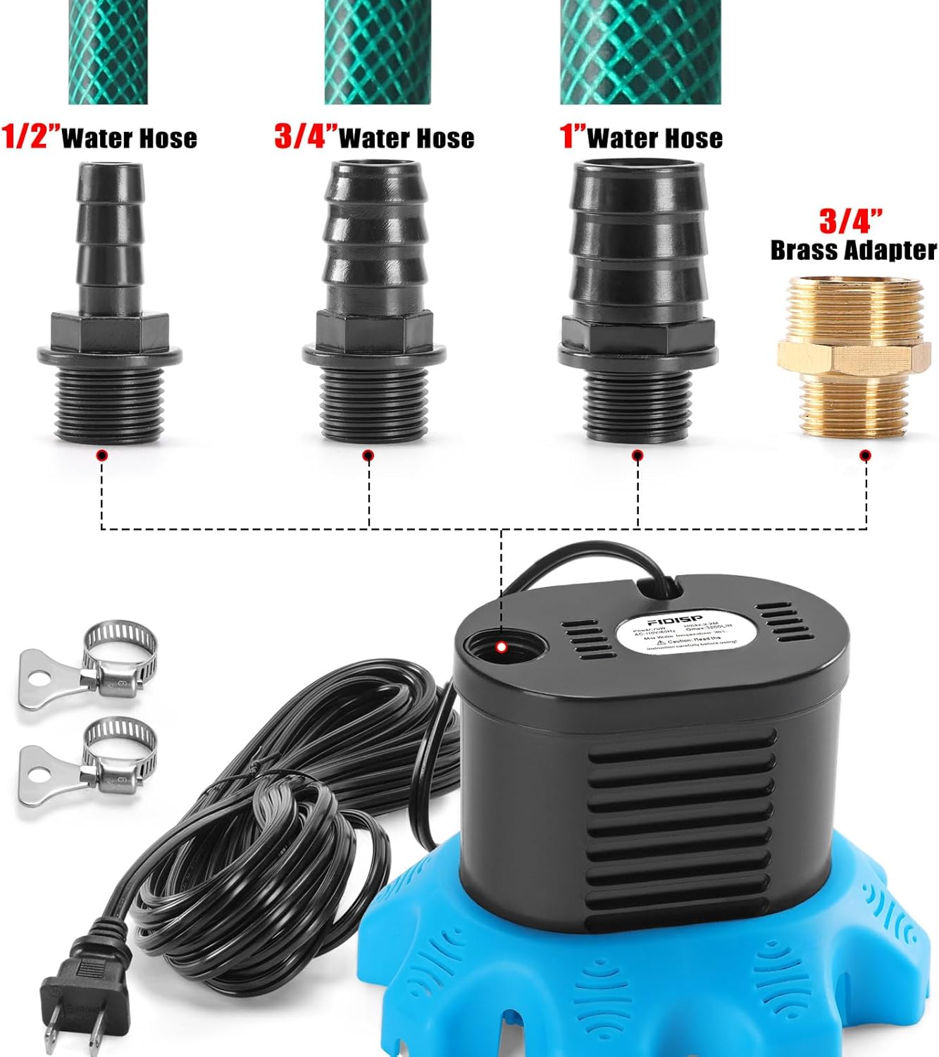 850 GPH Pool Cover Pump with 4 Hose Adapters & 23 FT Drain Hose - Ideal for Above Ground Pools, Ponds & Tubs
