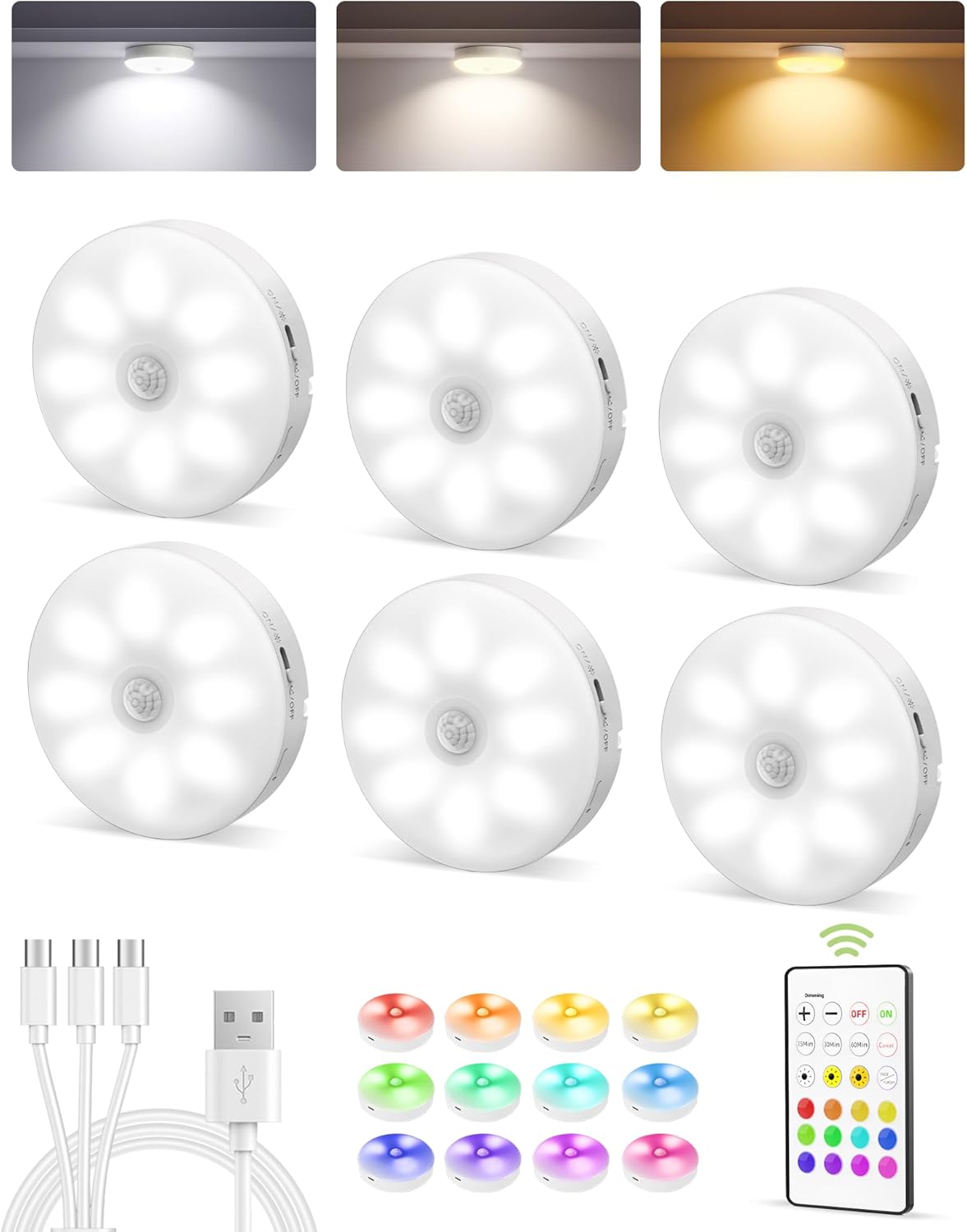 Rechargeable Under Cabinet Puck Lights with Remote - Dimmable RGB & 3 Color Temps (6 Pack)