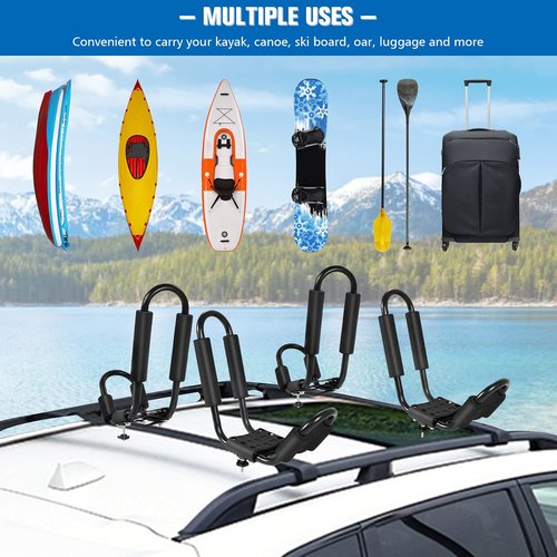 GYMAX 2Pairs Universal Kayak Roof Rack, J-Bar Roof Top Carrier with Straps, Foam Pad & Buckles, Mount Crossbar on SUV Van Car for SUP, Boat, Kayak, Canoes, Ski Board