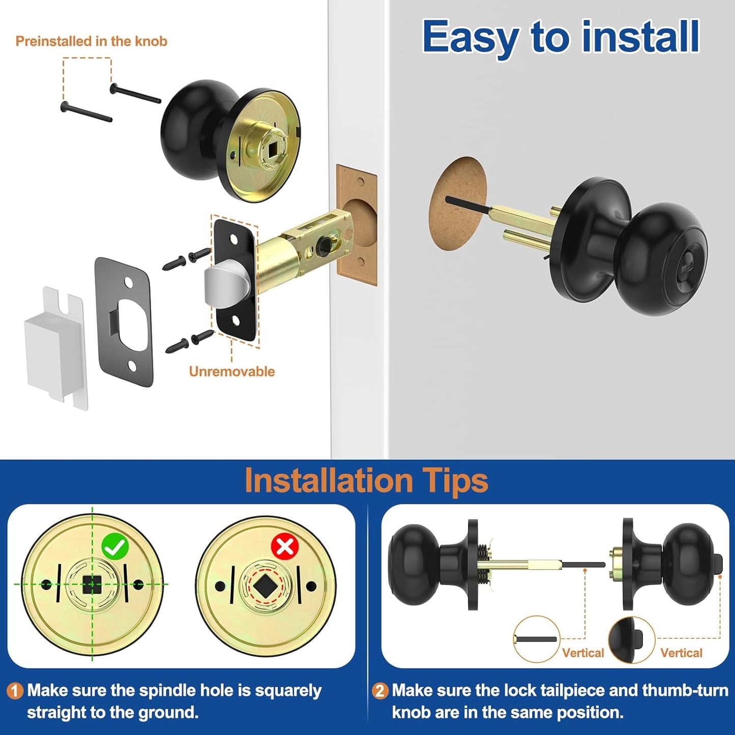 Brushed Nickel Privacy Door Knob Set - Keyless Interior Locks for Bedroom & Bathroom (6 Pack)