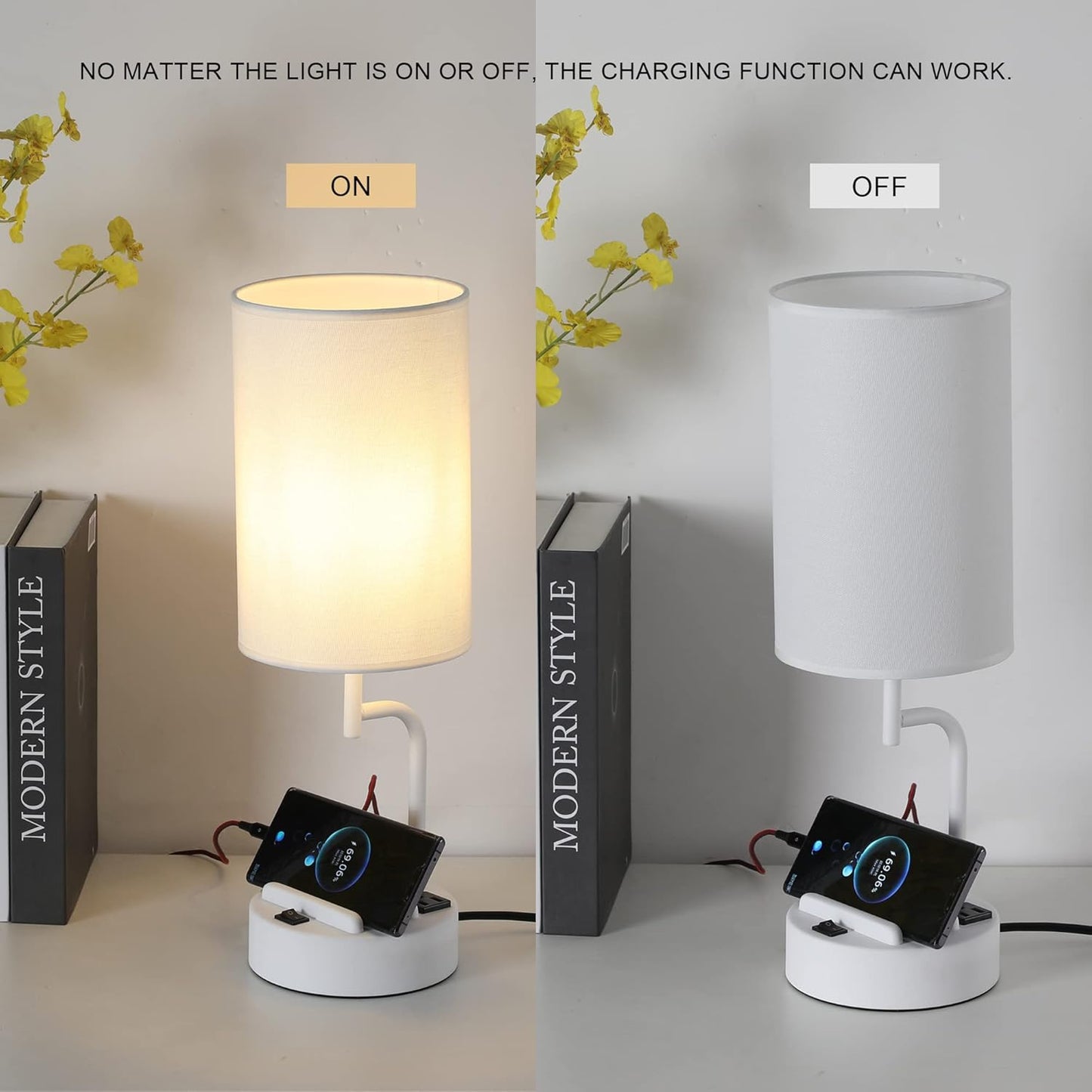 Modern Table Lamp with 3 USB Ports & AC Outlet - Set of 2 Bedside Desk Lamps in Silver