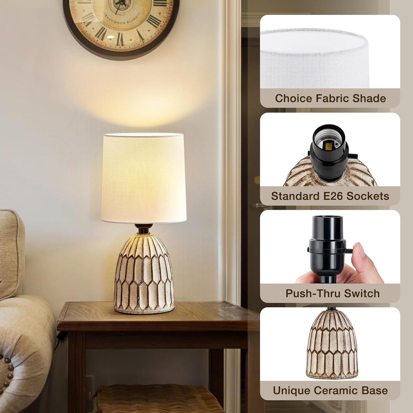 Boho Table Lamps Set of 2 - 13.5" Rustic Ceramic Bedside Lamps for Bedroom & Living Room