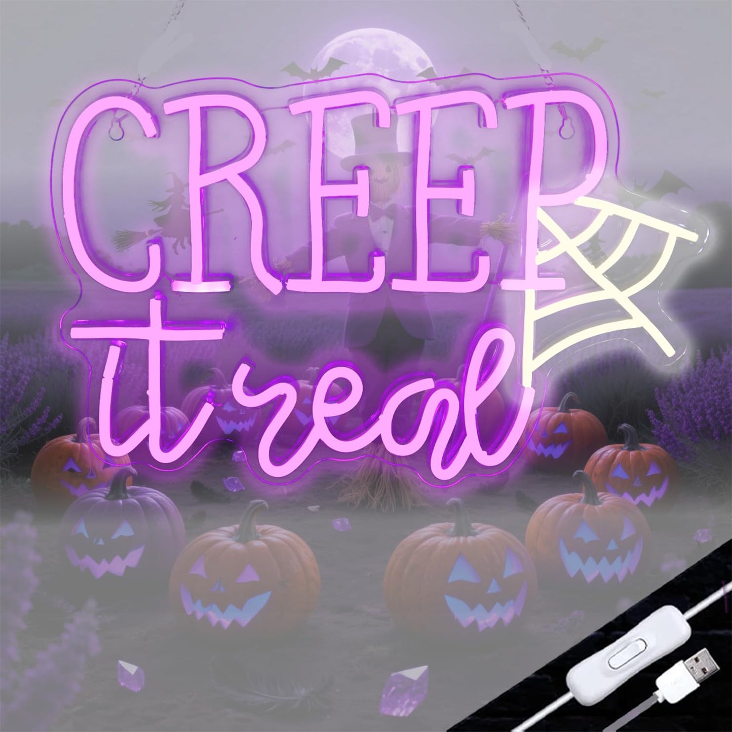 Creep It Real Halloween Neon Sign with Ghost & Spider Web - Spooky Party Decor