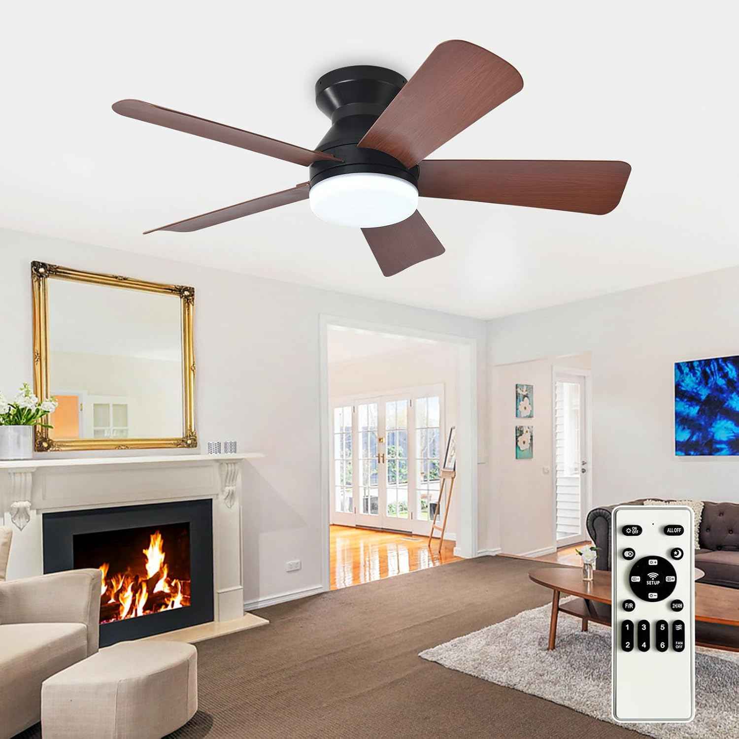 42-Inch Modern Black Ceiling Fan with Light & Remote - Dimmable Low Profile, 5 Reversible Walnut Blades, 6 Speeds for Indoor/Outdoor Use