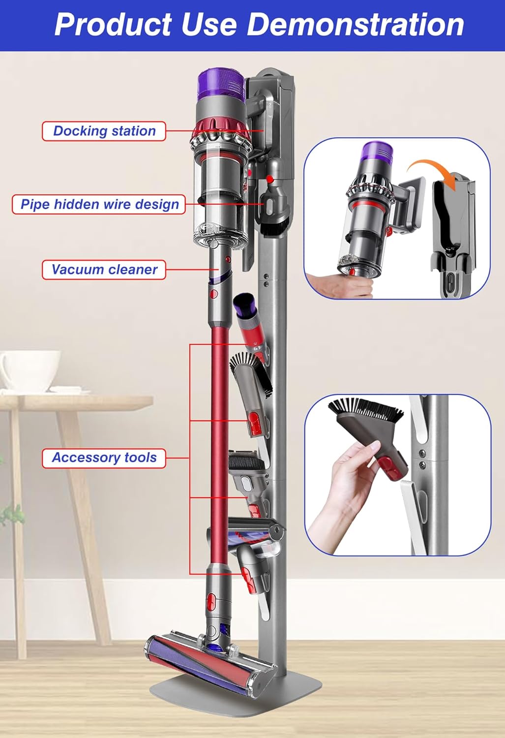 Dyson Vacuum Stand & Holder for Gen5 V15 V12 V11 V10 V8 V7 V6 - Metal Storage Bracket with Hidden Cord Design
