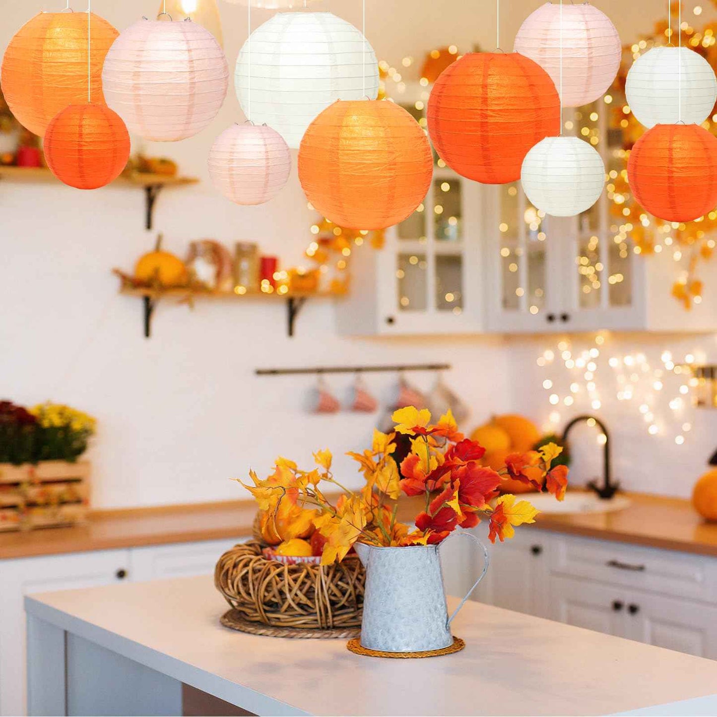 21 Pcs Orange Paper Lanterns Party Decorations, 4/6/8/10 Inch Thanksgiving Party Hanging Paper Lanterns for Fall Harvest, Wedding, Birthday, Baby Shower, Classroom Ceiling Home Decor Indoor Outdoor
