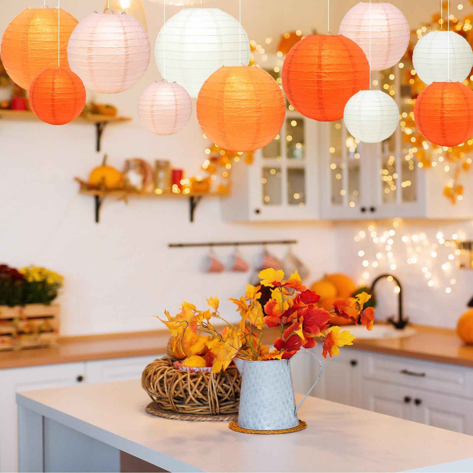 21 Pcs Orange Paper Lanterns Party Decorations, 4/6/8/10 Inch Thanksgiving Party Hanging Paper Lanterns for Fall Harvest, Wedding, Birthday, Baby Shower, Classroom Ceiling Home Decor Indoor Outdoor