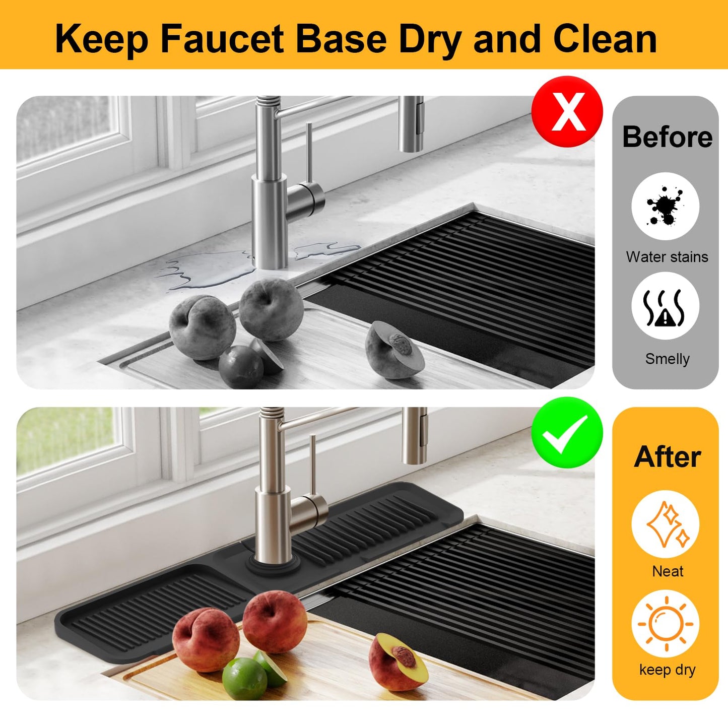 Doeklpo 24 Inch Kitchen Sink Splash Guard๏ผ5ยฐSlope Fast Draining Silicone Mat for Kitchen Sink Faucet Mat, Kitchen Sink Tidy Splash Guard for Kitchen Sink Area Bathroom Faucet Draining Mat (Black)