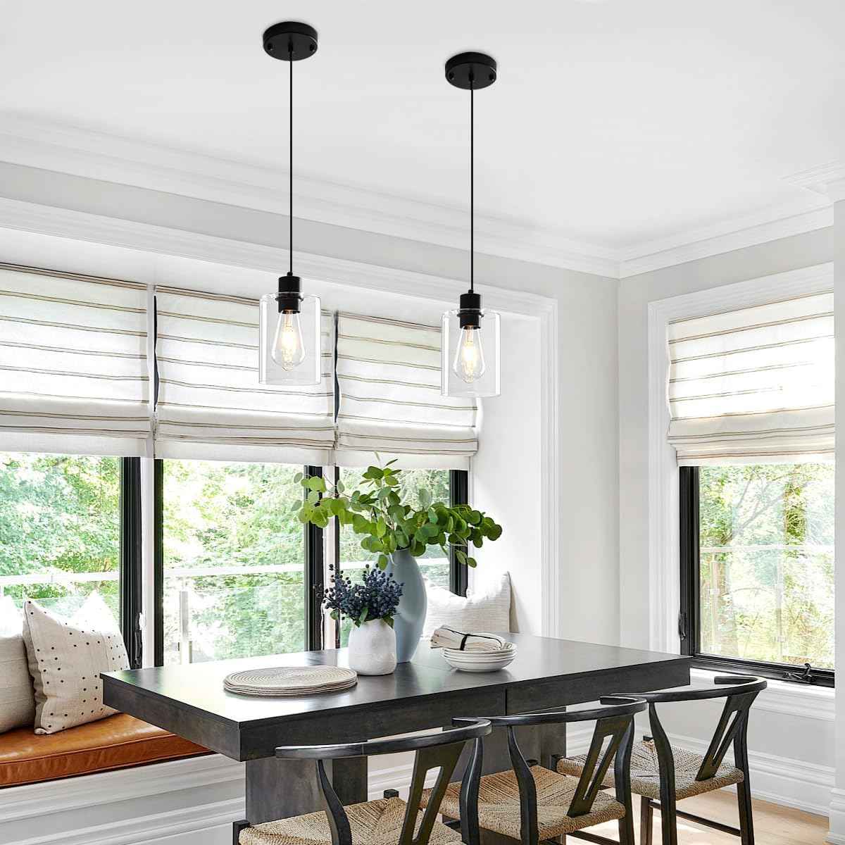 Modern Black Pendant Lights for Kitchen Island - 3 Pack Glass Hanging Fixtures