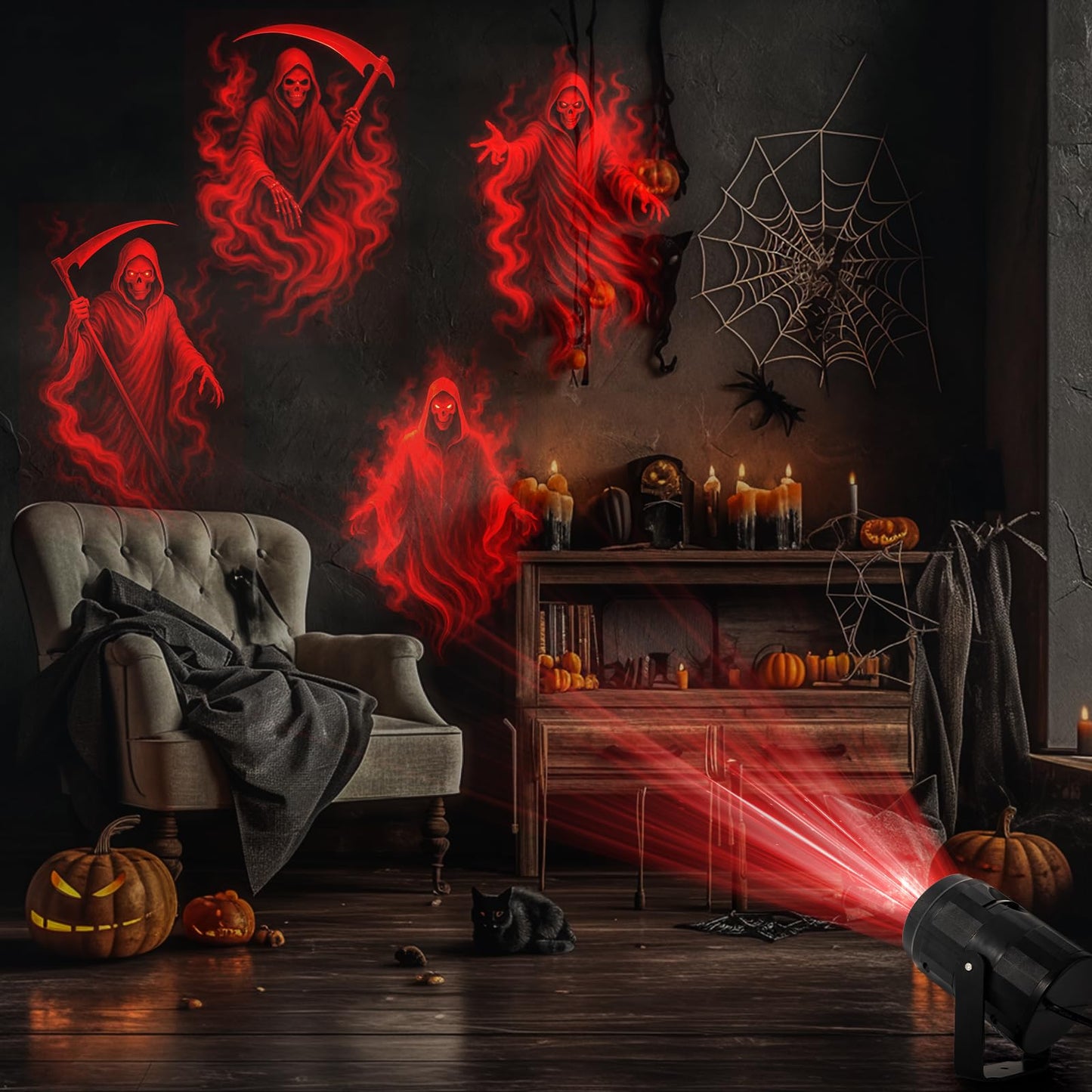 4 in 1 Grim Reaper Halloween Projector Lights Indoor Rotating LED Digital Ghost Projector Halloween Indoor Wall Party Home House Patio Garden Yard Halloween Lights Decorations