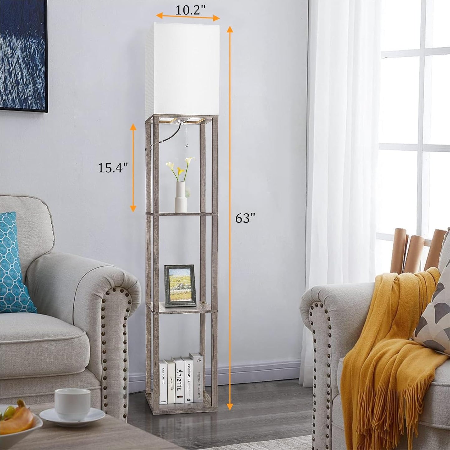Modern Wood Corner Floor Lamp with Shelves & 3 CCT LED Bulb - Rustic Nightstand & Display Lamp for Living Room, Bedroom, Office