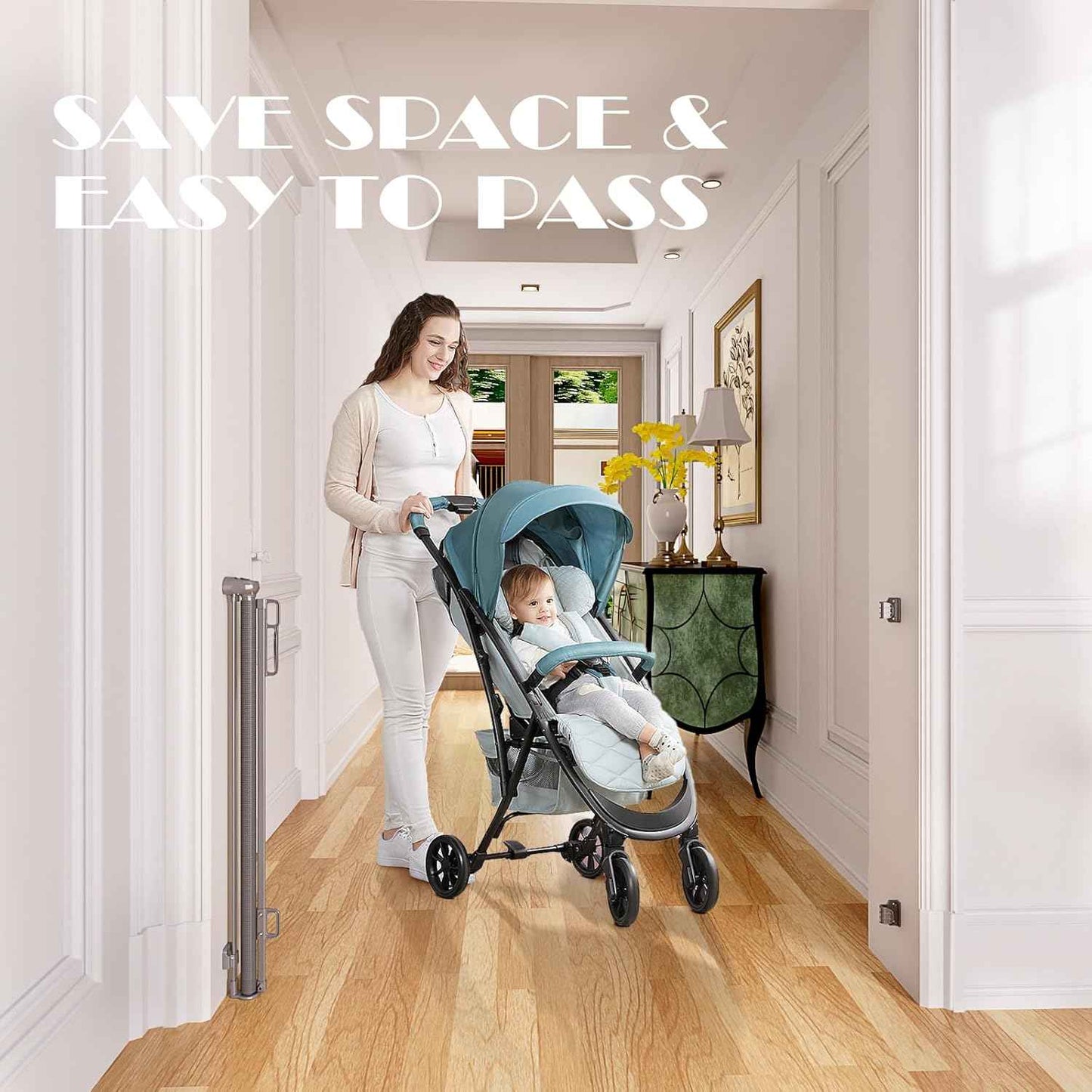 Extra Wide Retractable Baby Gate 55” x 38” | Child & Dog Safety Gate for Stairs, Doorways, Indoor/Outdoor - Gray