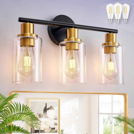Modern Black 3-Light Bathroom Vanity Light Fixture with Clear Glass Shades - 2 Pack
