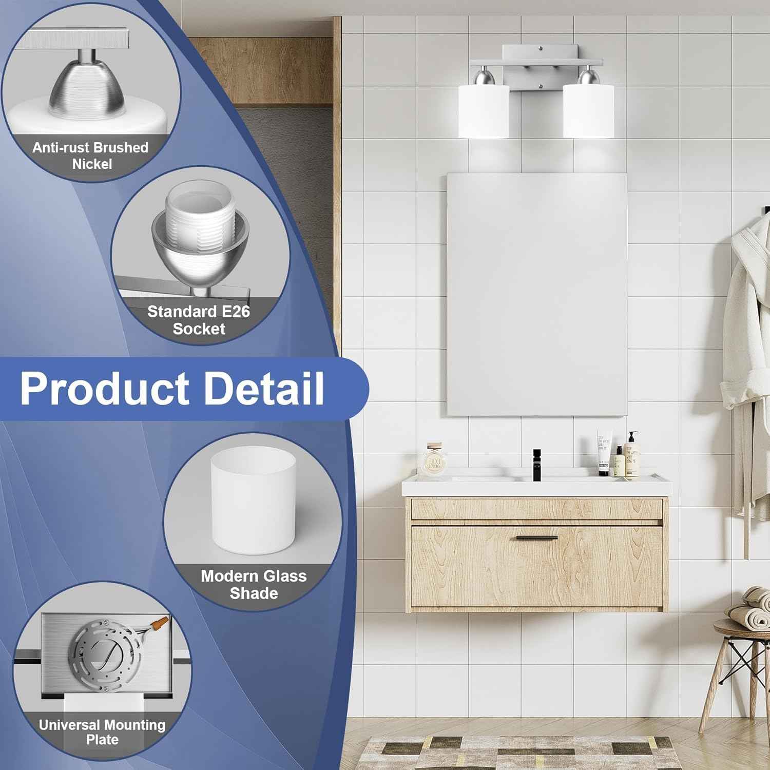 Modern 4-Light Bathroom Vanity Light Fixture - Anti-Rust Over Mirror Sconce with Milky White Glass Shades, E26 Base
