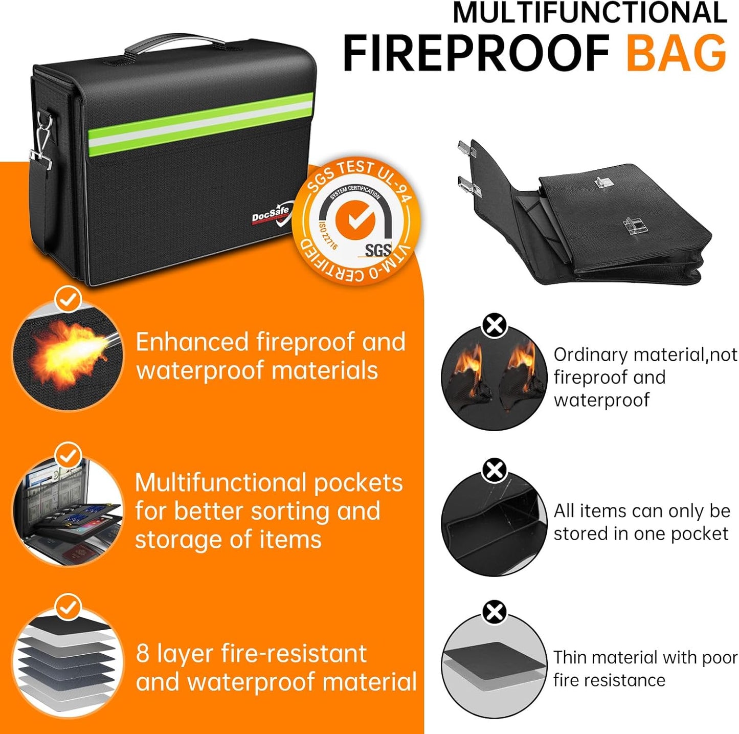 Fireproof Document Bag - Large 17”x12.5”x7.2” Waterproof Organizer with Multiple Pockets for Home & Office