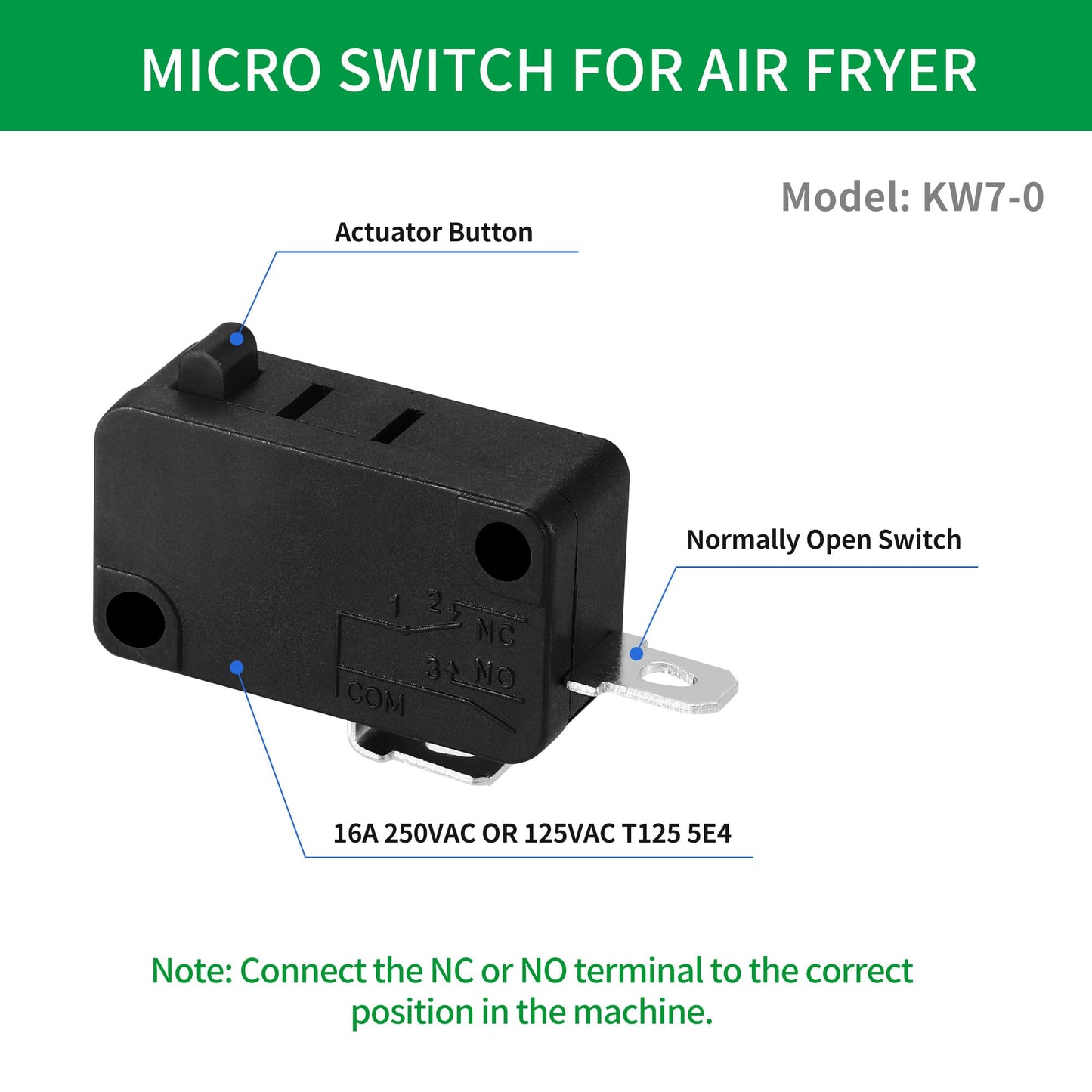 4-Pack KW7-0 Micro Switch, Replacement for Air Fryer XL, Power XL, Vortex, Microswitches for Microwave Oven & Induction Cooker - Normally Open, 16A 125V/250V, 2Pins 1NO 1NC