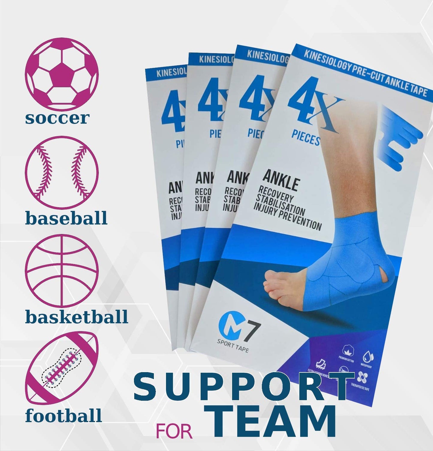 M7 Sport Kinesiology Tape for Ankle Sprain and Stability, Kt Tape for Ankle, Pain Relief Therapeutic Tape, Plantar Fasciitis, Waterproof, Eases Swelling (Black, 4-Pack)