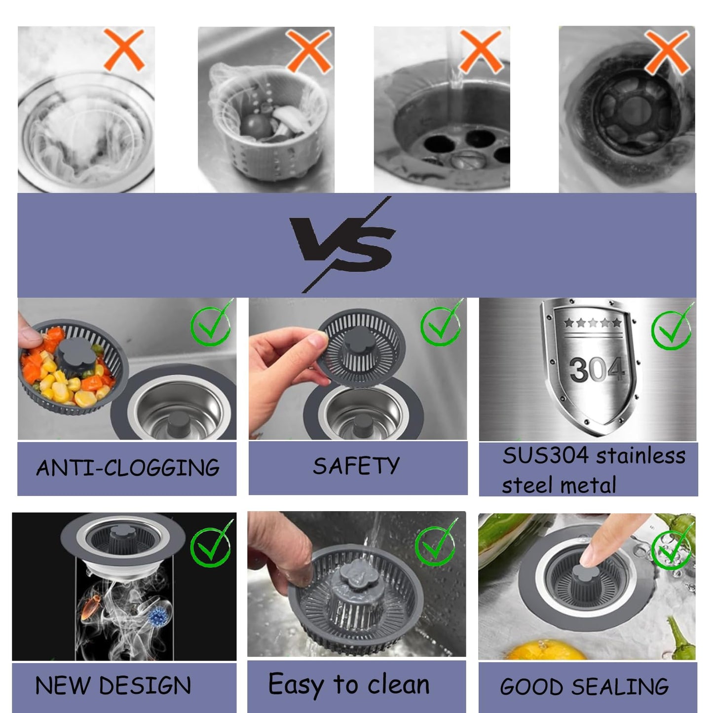 2 Pack Upgraded 3 in 1 Kitchen Sink Drain Strainer, Pop Up Sink Strainer Kitchen Drain Stopper Combo,Anti-Clogging Stainless Steel Sink Strainer Basket Plug & Cover for US Standard 3-1/2 Inch Drain