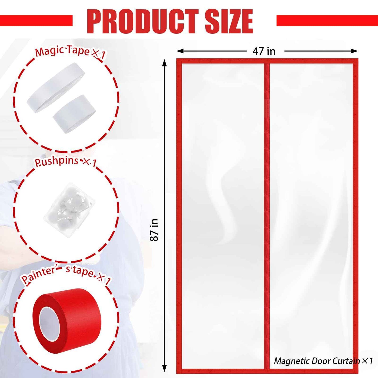 Preboun 1 Set Magnetic Dust Barrier Zipper Door Kit 4' x 7.5' Construction Barriers Dust Door Plastic Doorway for Construction Self Closing Curtain for Doorways Room (Red)