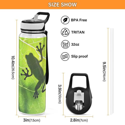 Blueangle Frog Shadow on Leaf Water Bottles, Reusable BPA Free Tritan Sports Bottle with Straw, Large Capacity Bottles for Daily Fitness, Gym, Running, Hiking