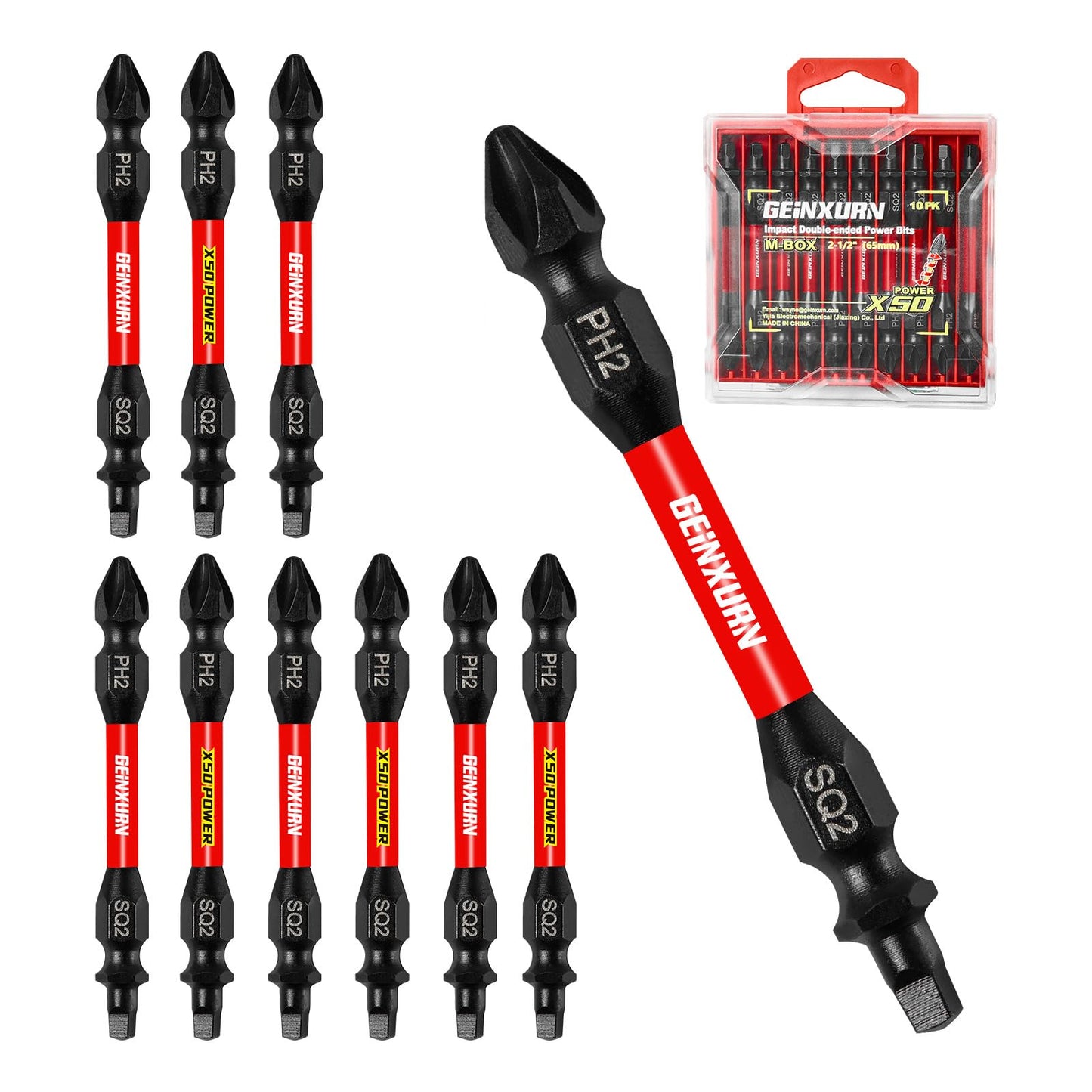 Geinxurn 10Pcs PH2-SQ2 Impact Double End Screwdriver Bit Set, 2.56 in. #2 Phillips /#2 Square Power Driver Bits, Magnetic S2 Steel Two Sides Screwdriver Bits Set with Storage M-Box