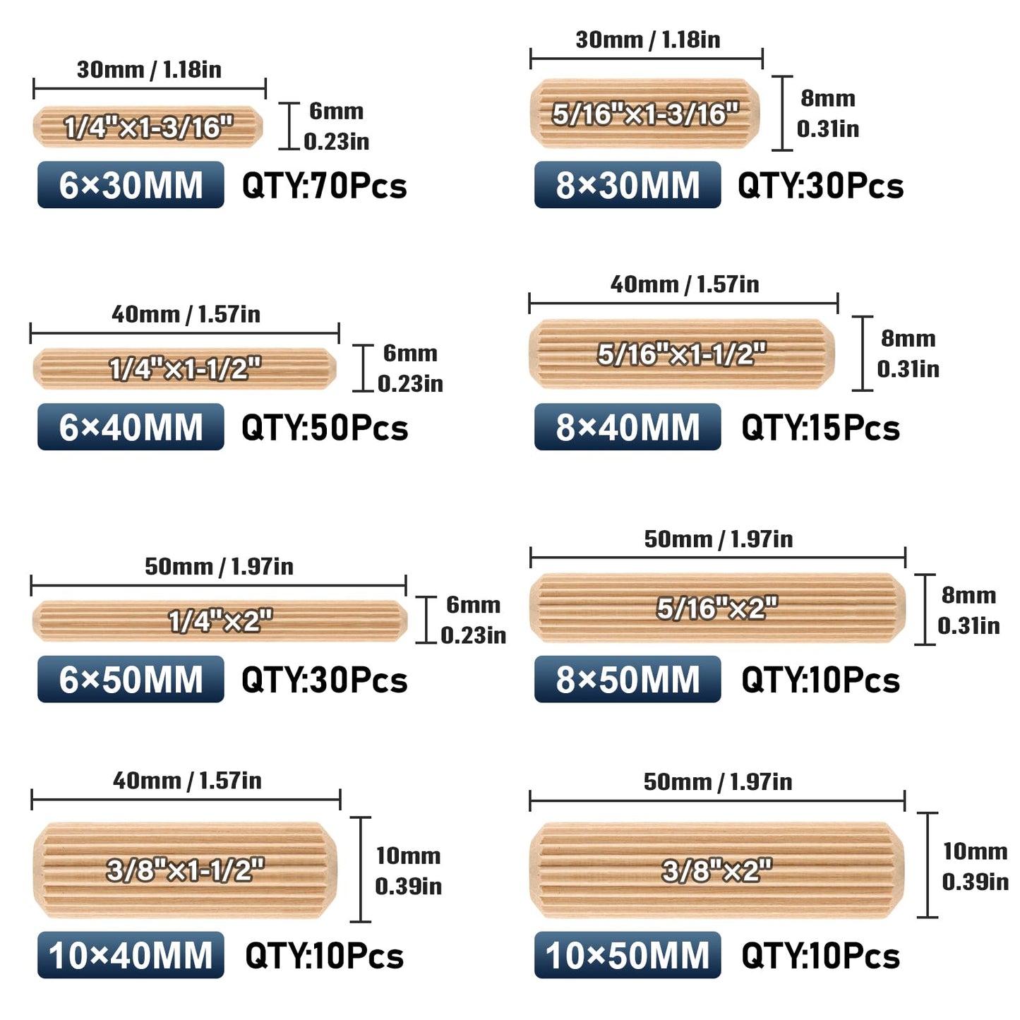 ALLECIN 8 Values Wood Dowels Kit 1/4 3/8 5/16 Inch Fluted Wooden Dowel Pins Pegs Assortment for Furniture Woodworking DIY Crafts (Pack of 225Pcs)