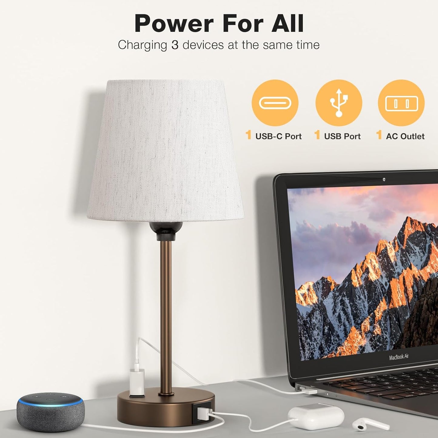 Set of 2 Mini Bedside Lamps with USB-C & AC Outlet - Dimmable Touch Nightstand Lights for Bedrooms
