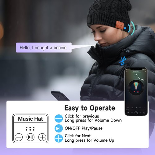 TOUCH TWO Black Acrylic Bluetooth Beanie hat - Tech Gifts for Men and Women, Wireless Bluetooth Hat, Stocking Stuffer