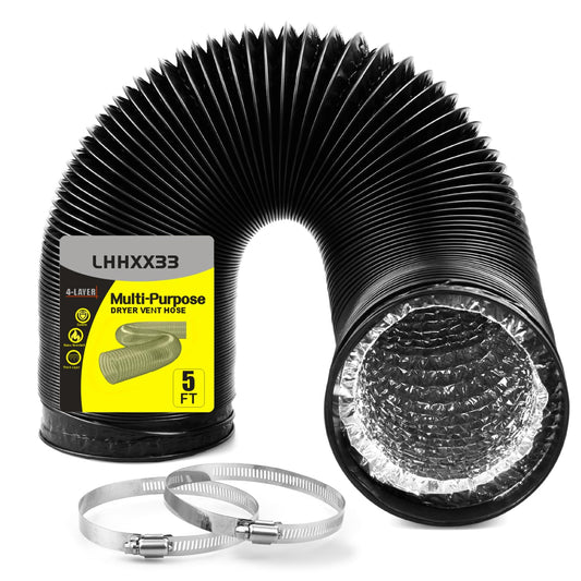 Dryer Vent Hose - 4 inch Flexible Duct, 5ft Long, Heavy-Duty Four-Layer Protection - Ideal for Heating, Cooling, Ventilation - Includes 2 Pack Clamps (4 inch 5 Feet)
