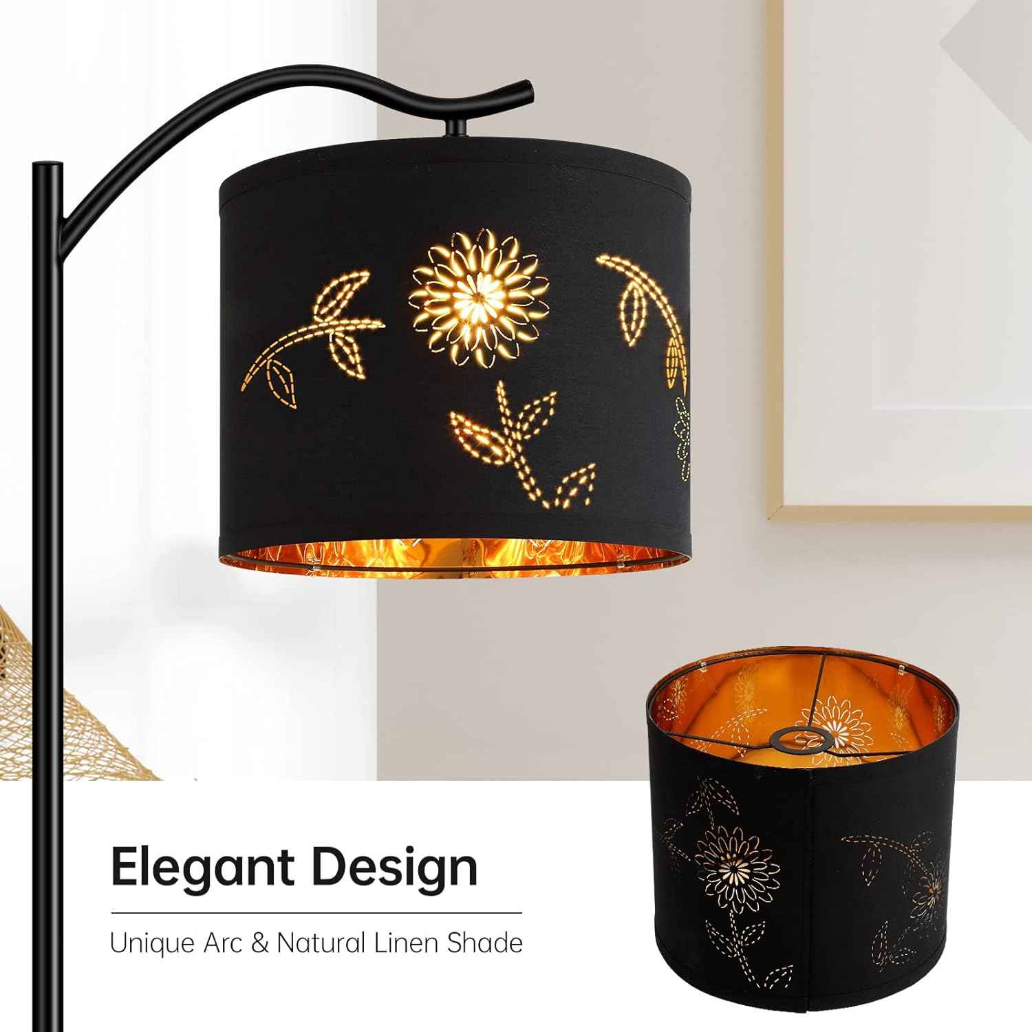 Modern LED Floor Lamp with Bohemian Linen Shade – Arched Tall Standing Light for Living Room & Bedroom