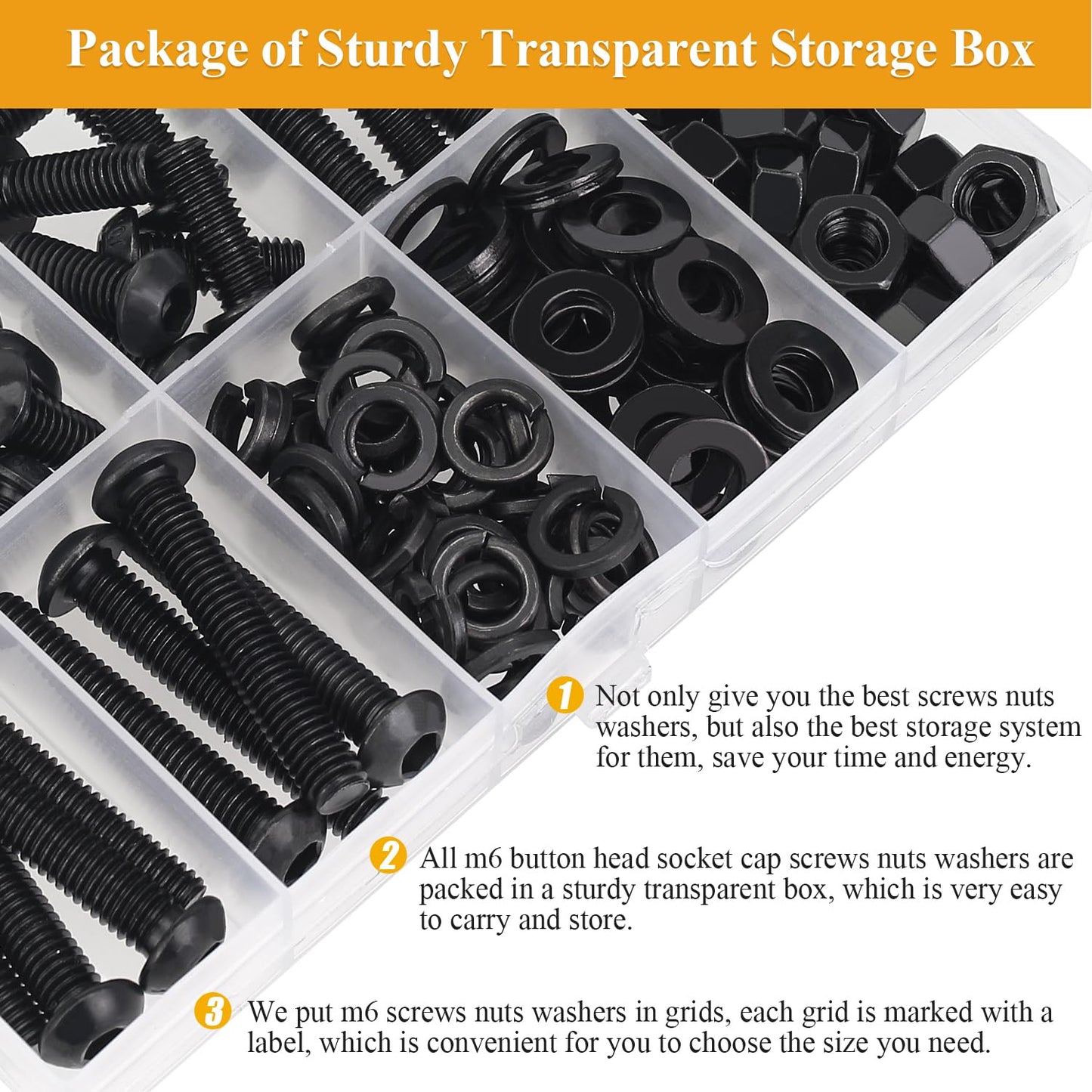 150 Pieces M6 Screws Nuts Washers Set Black, Sutemribor M6 x 10/12/16/20/25/30/35mm Button Head Socket Cap Screws Nuts Washers Assortment Kit, 10.9 Grade Alloy Steel, Fully Threaded