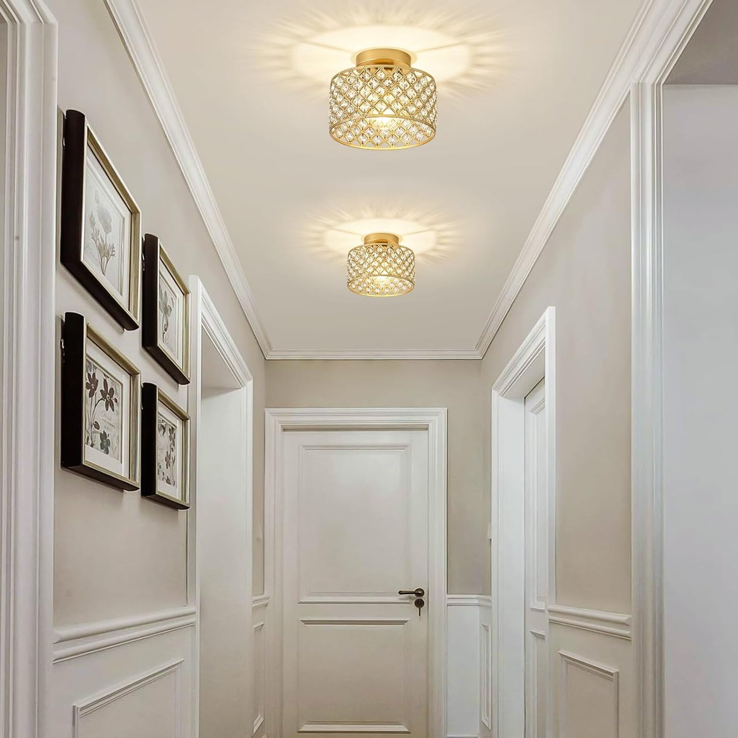 Modern Black Crystal Semi Flush Mount Ceiling Light Fixture - 11.2" Round Chandelier for Dining Room, Hallway, Kitchen & Bedroom