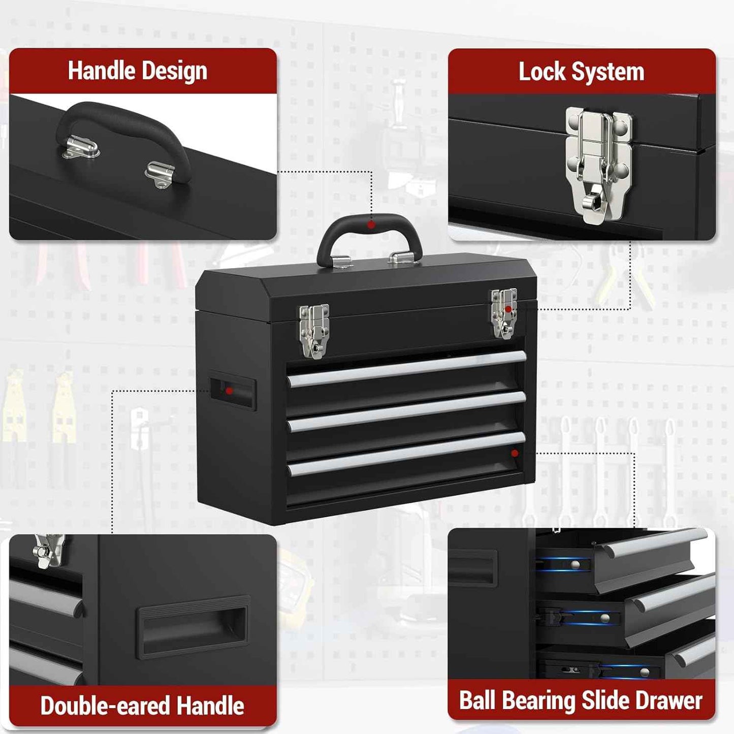 Portable Pink 3-Drawer Steel Tool Box with Locking System for Tool Storage