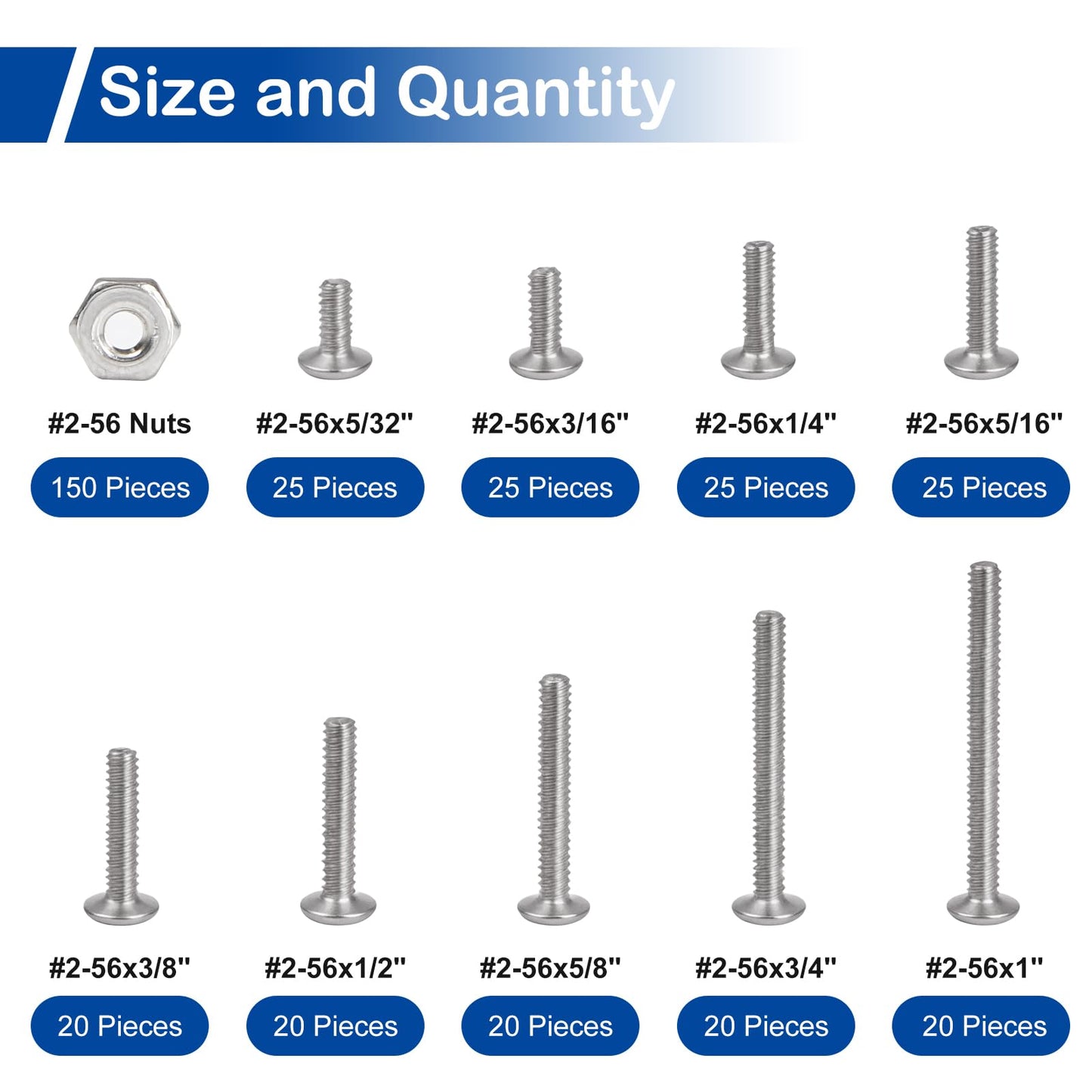 350Pcs #2-56 Phillips Pan Head Machine Screws Assortment Kit 304 Stainless Steel Assorted Nuts and Bolts Fully Machine Thread(#2-56x5/32, 3/16", 1/4", 5/16", 3/8", 1/2", 5/8", 3/4", 1")