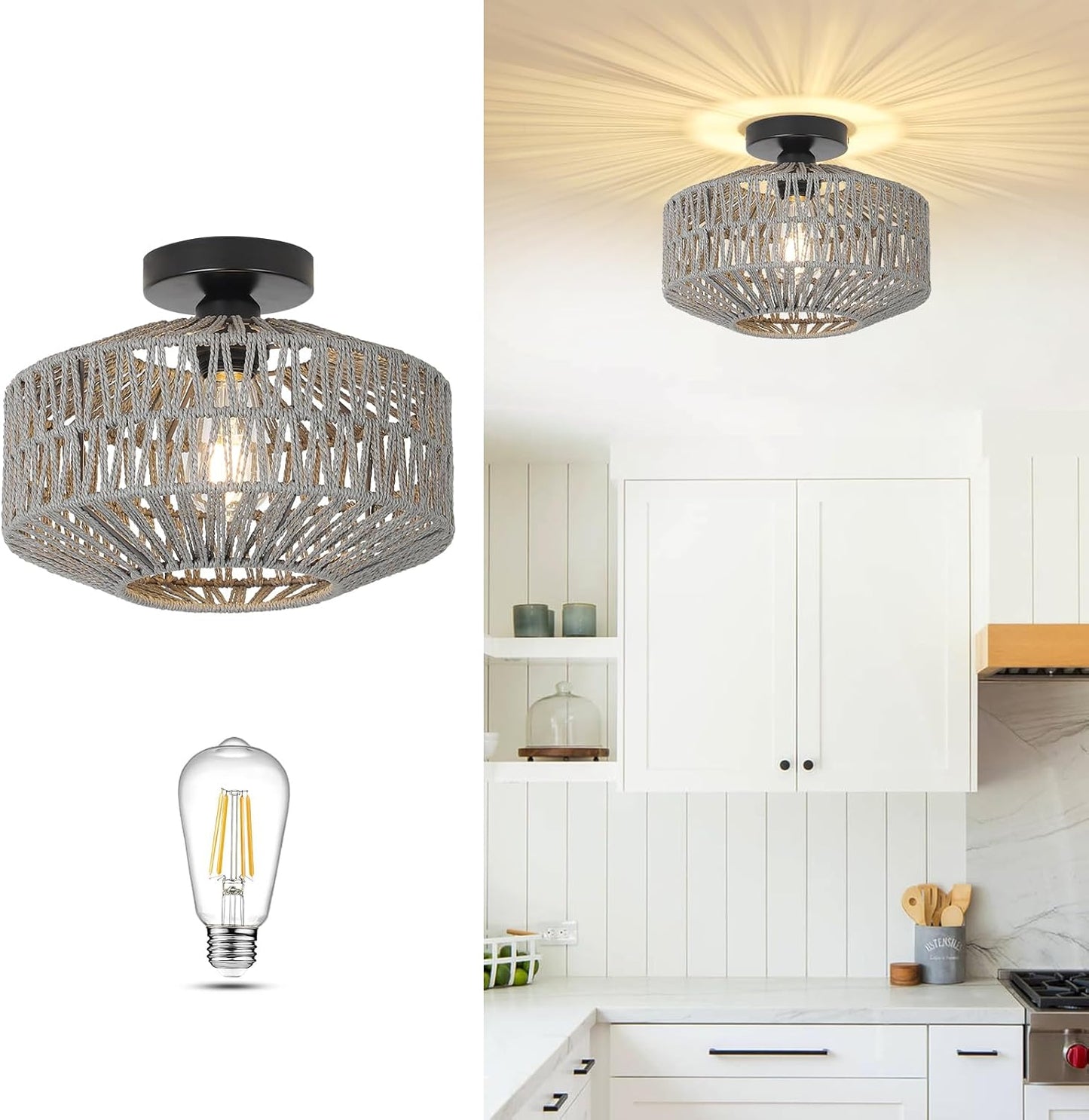 Boho Rattan Chandelier Ceiling Light Fixture with Dimmable LED Bulb - Hand Woven Flush Mount for Hallway, Bedroom, Kitchen & Living Room