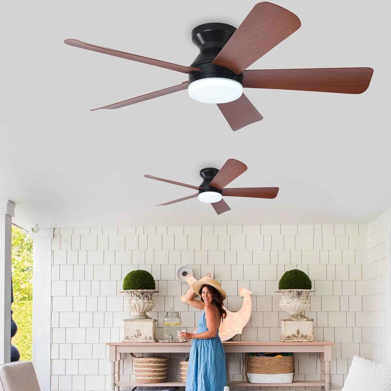 42-Inch Modern Black Ceiling Fan with Light & Remote - Dimmable Low Profile, 5 Reversible Walnut Blades, 6 Speeds for Indoor/Outdoor Use