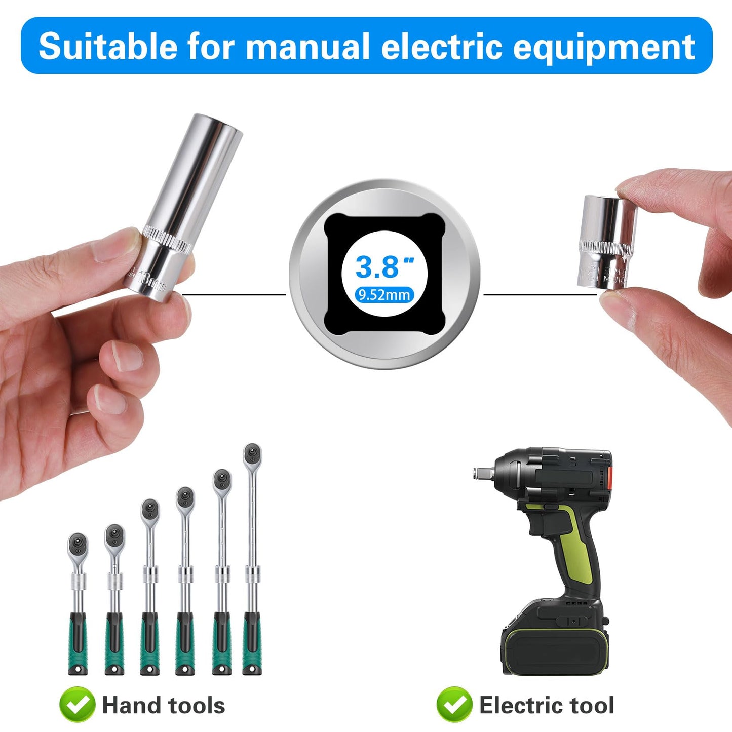 4-Piece 13mm Socket Set, 3/8-Inch Drive, 6-Point, Deep & Shallow Sockets, Corrosion Resistance, Compatible with Standard Ratchet Wrenches and Tools