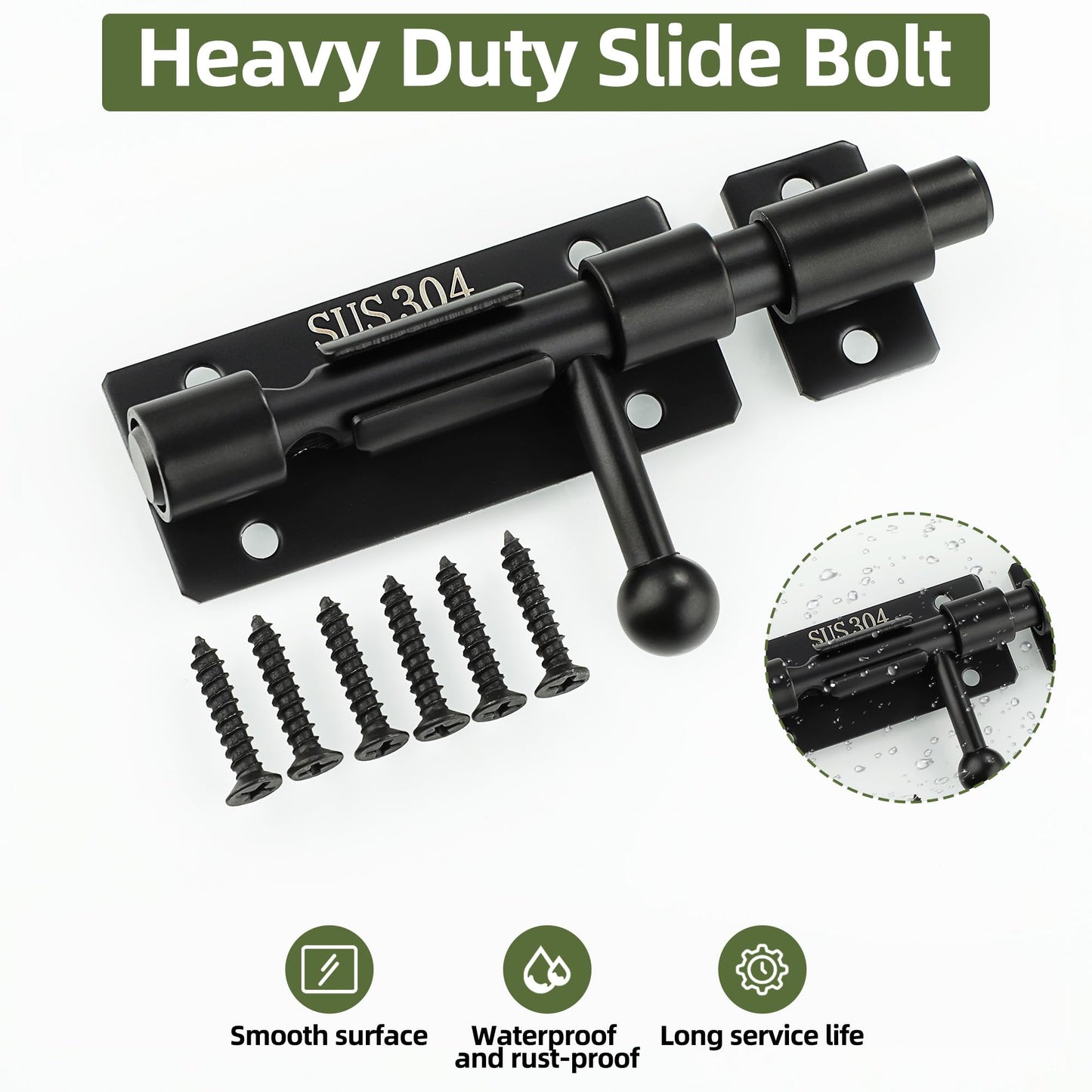 Alise 4 Inch SUS304 Stainless Steel Gate Latch, Slide Bolt Latch,Thickened Heavy Door Latch Lock, Black Barrel Bolt Latch, Security Slide Latch Lock MCX7004-B