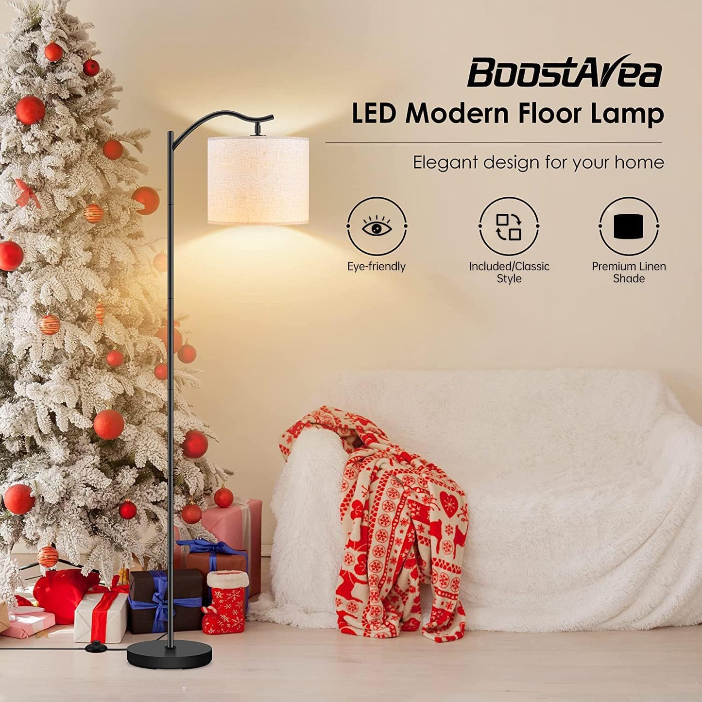 Modern LED Floor Lamp with Bohemian Linen Shade – Arched Tall Standing Light for Living Room & Bedroom